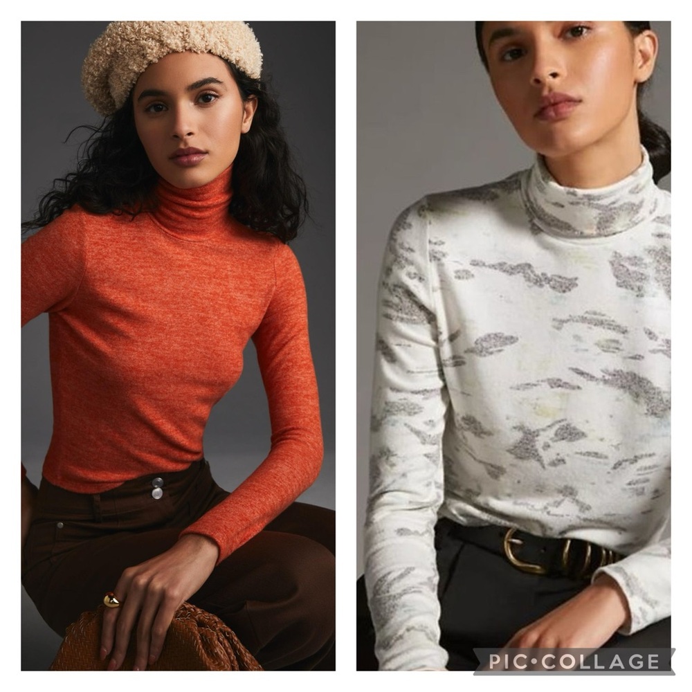 Set of 2! By Anthropologie Cropped Turtlenecks in Dark Orange & Neutral Motif